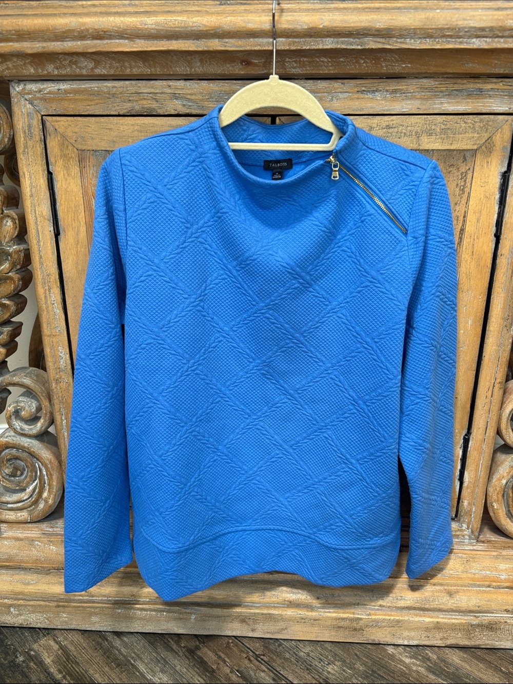 Talbots Bright Blue Zip-Shoulder Mock Neck Crew Pullover